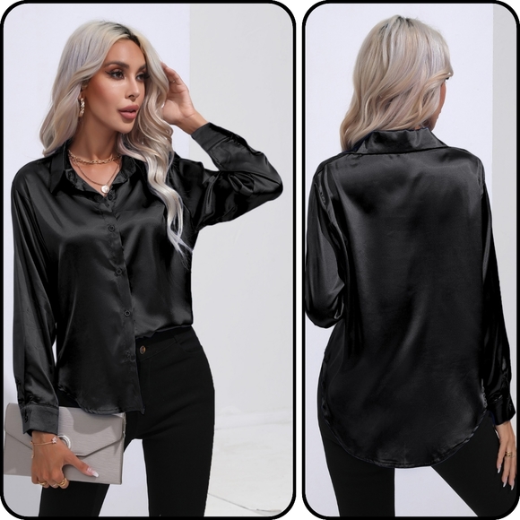 Lovely Rosetta Tops - Black Collared Neck Buttoned Long Sleeve Shirt